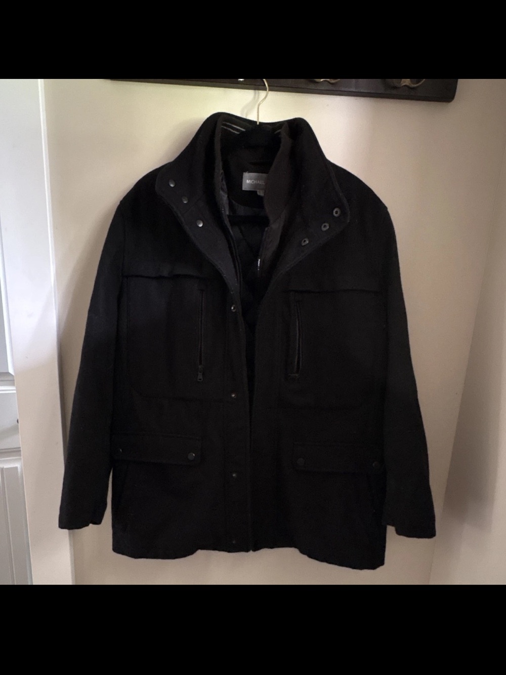 Michael Kors Men’s Black Wool Blend Mid-Length Jacket L Quilted Zip/Button